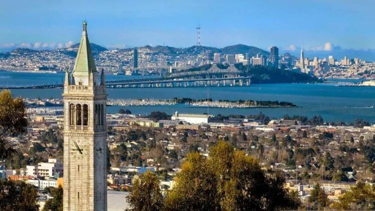 Berkeley California — UC Berkeley Campanile and Bay Bridge view
